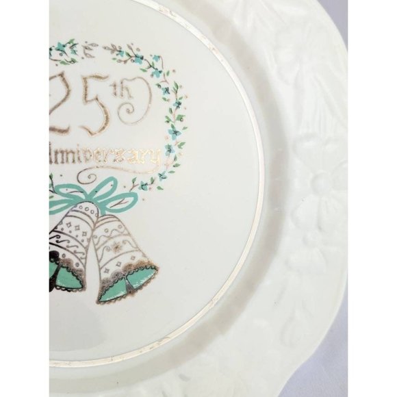 Collectible 25th Wedding Anniversary Plate 10" White Teal Silver Trim Floral - Picture 3 of 7
